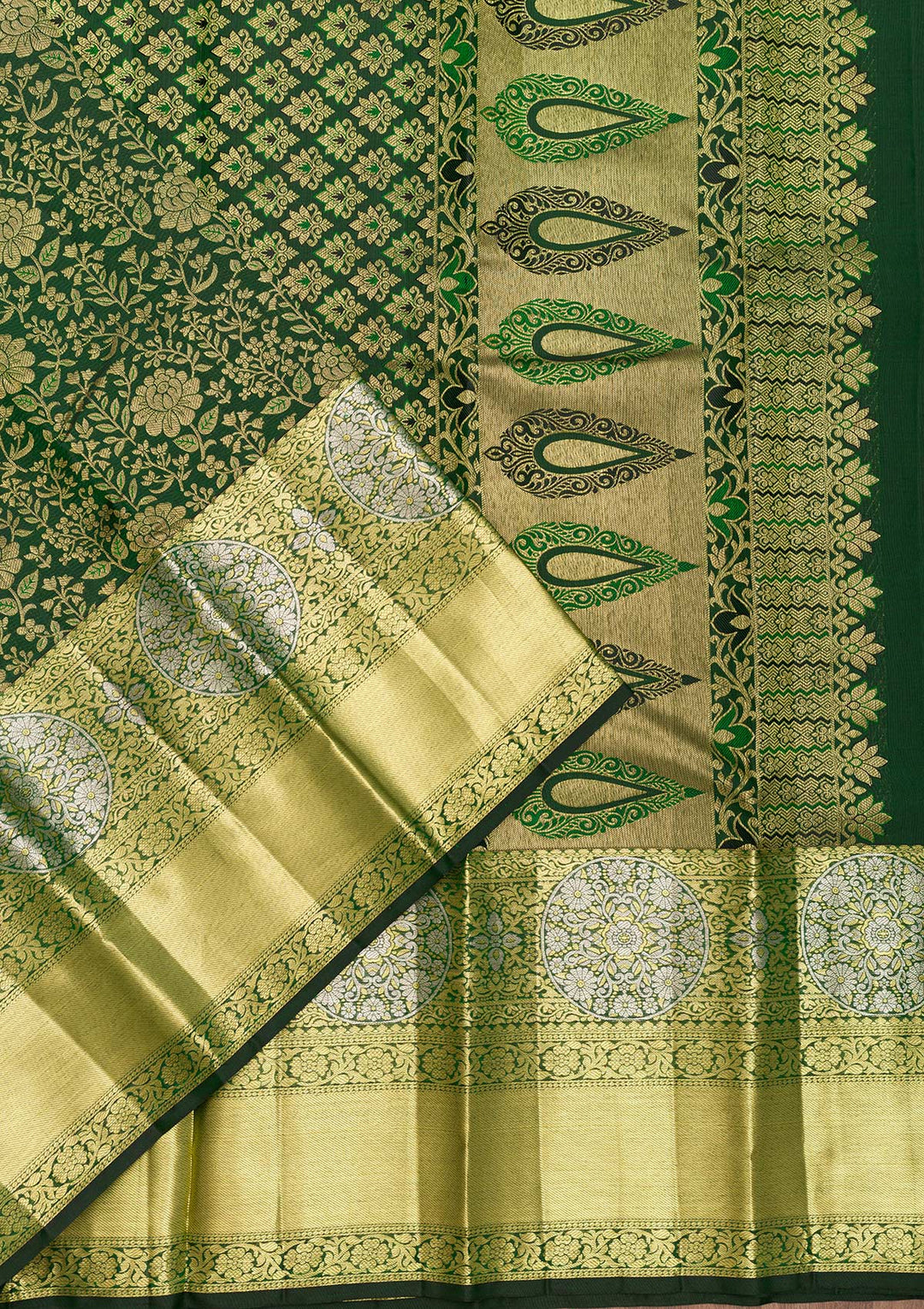 Bottle Green Zariwork Pure Silk Saree-Koskii