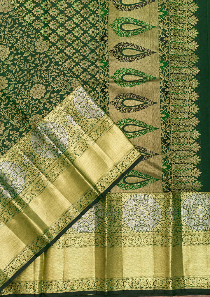 Bottle Green Zariwork Pure Silk Saree-Koskii