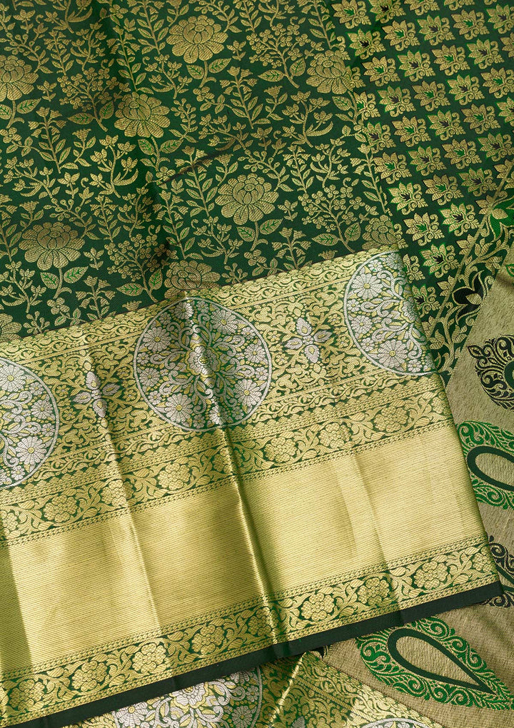 Bottle Green Zariwork Pure Silk Saree-Koskii