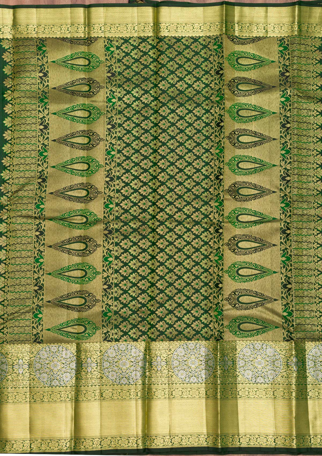 Bottle Green Zariwork Pure Silk Saree-Koskii