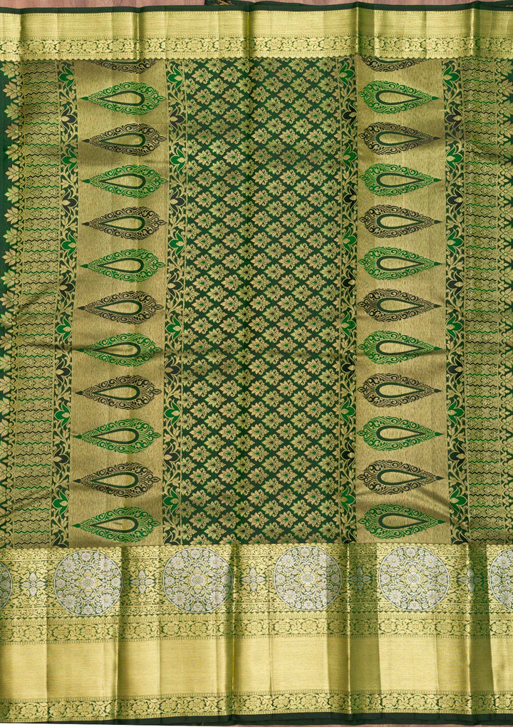Bottle Green Zariwork Pure Silk Saree-Koskii