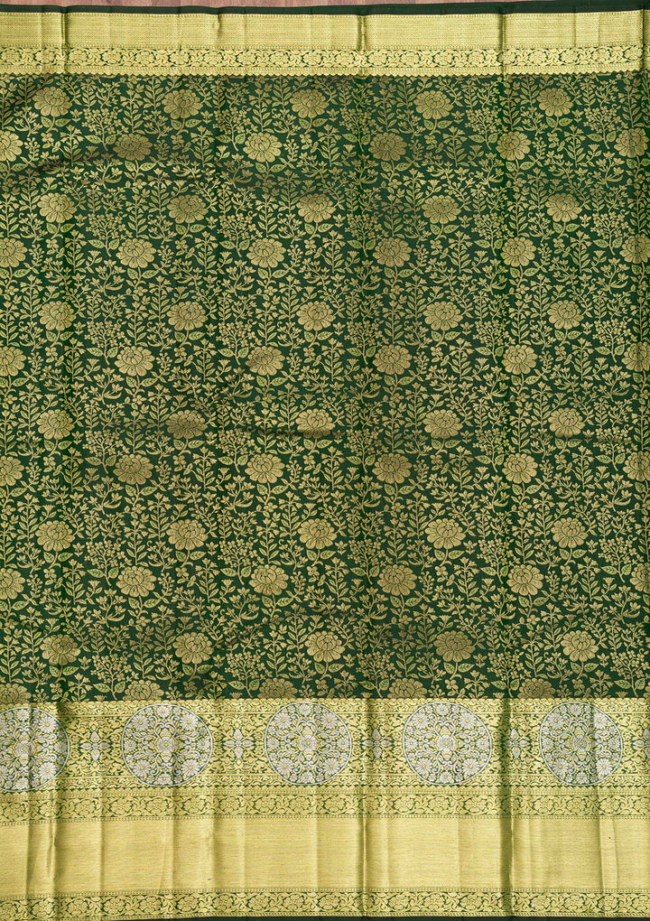 Bottle Green Zariwork Pure Silk Saree-Koskii