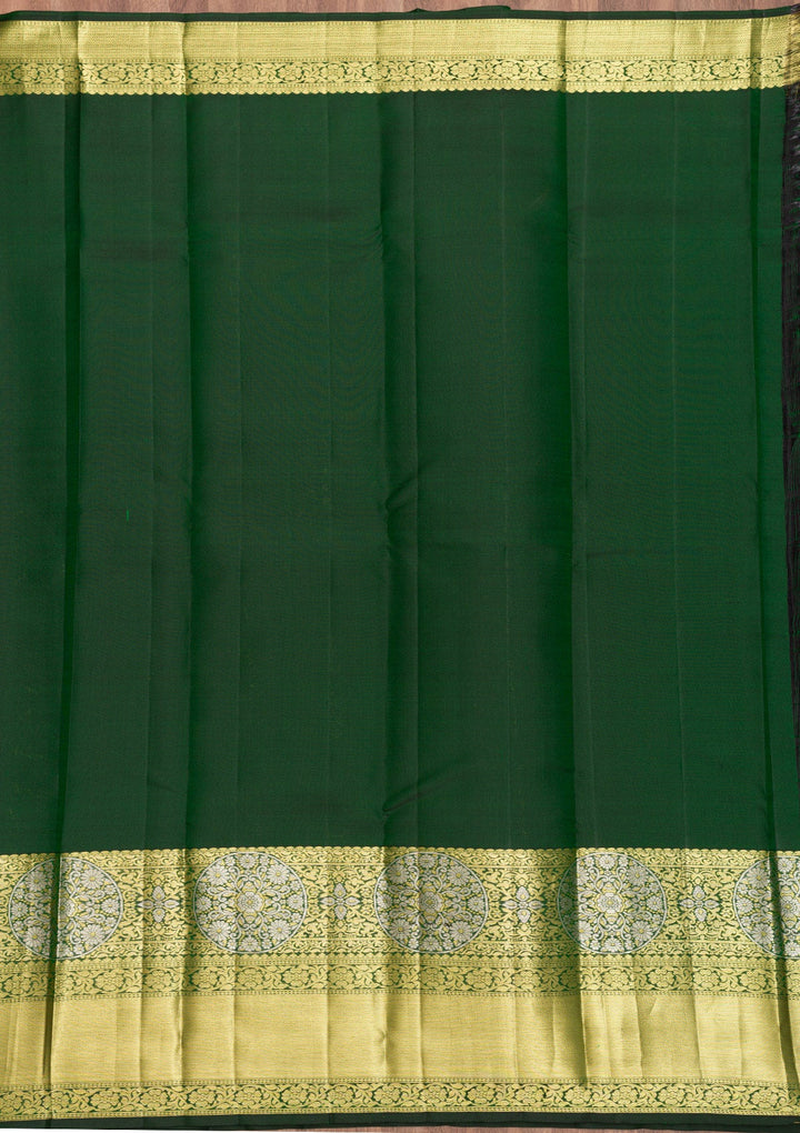 Bottle Green Zariwork Pure Silk Saree-Koskii