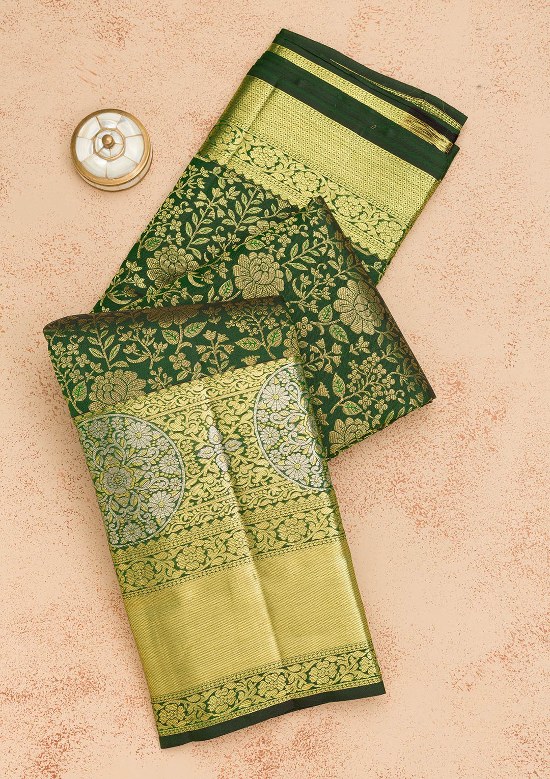 Bottle Green Zariwork Pure Silk Saree-Koskii
