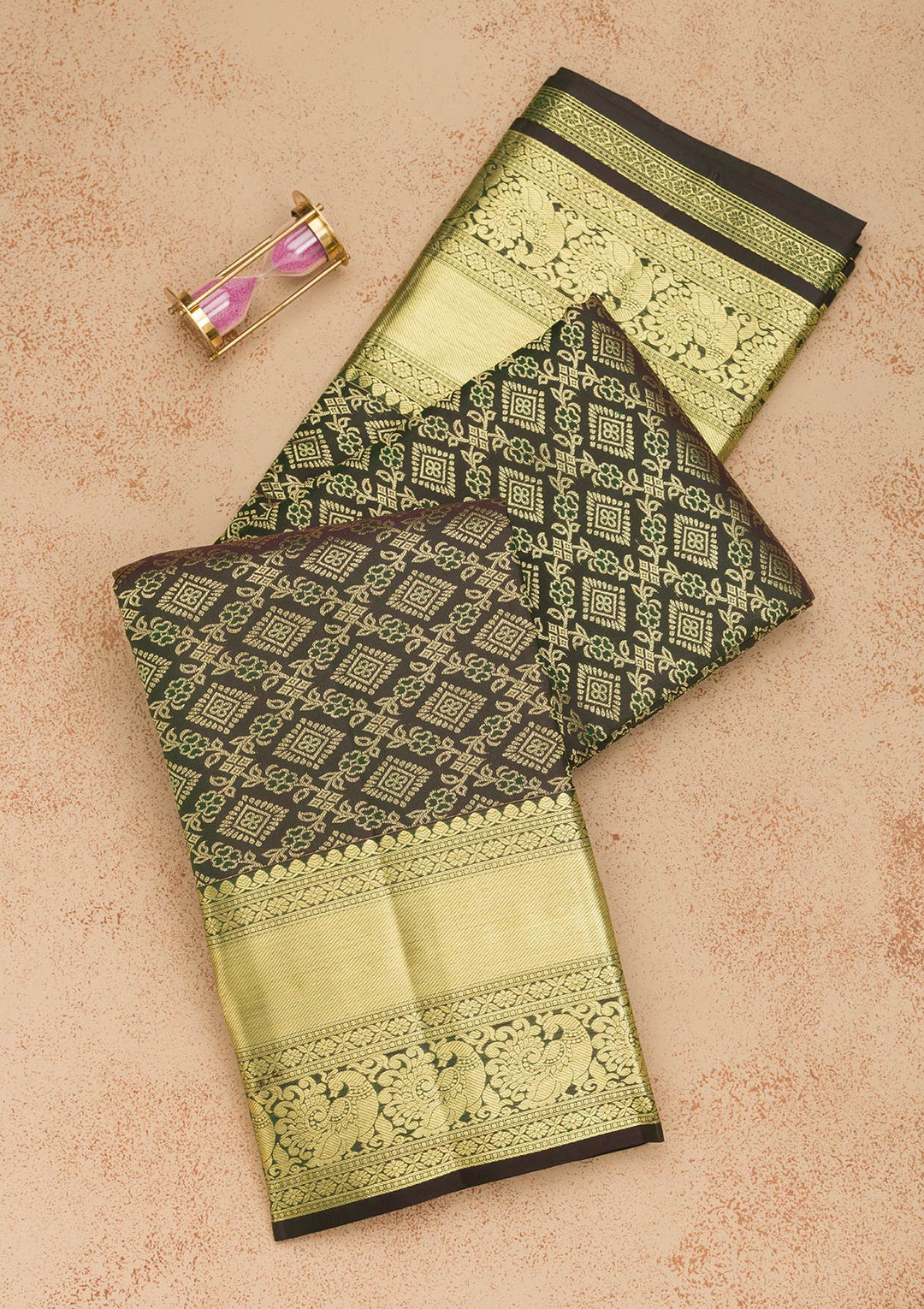 Bottle Green Zariwork Pure Silk Saree-Koskii