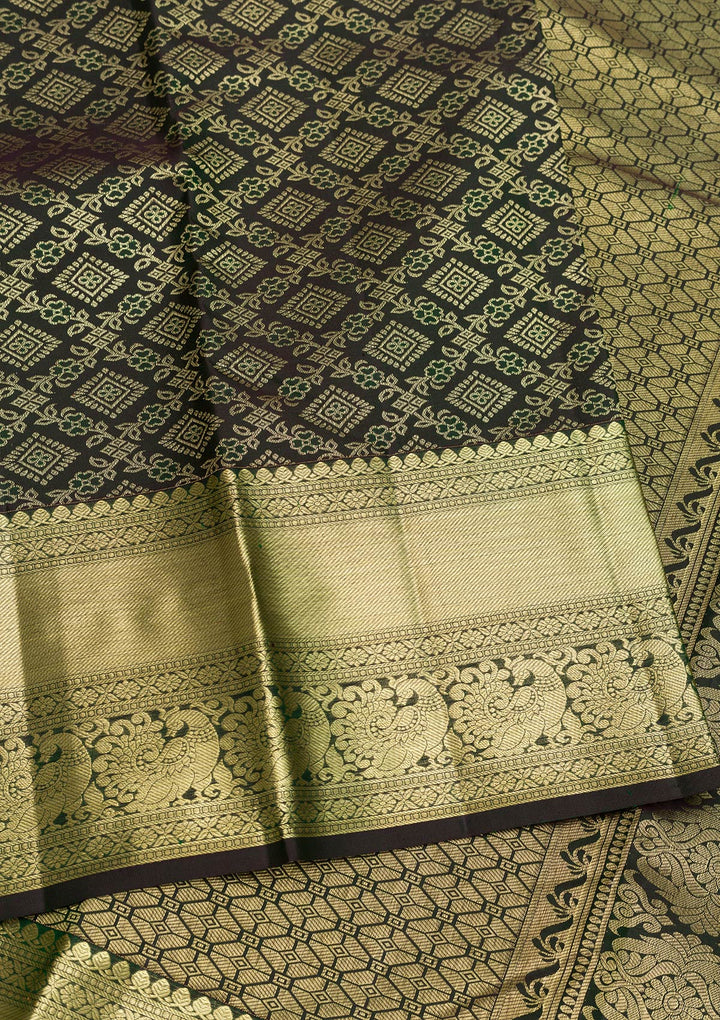 Bottle Green Zariwork Pure Silk Saree-Koskii