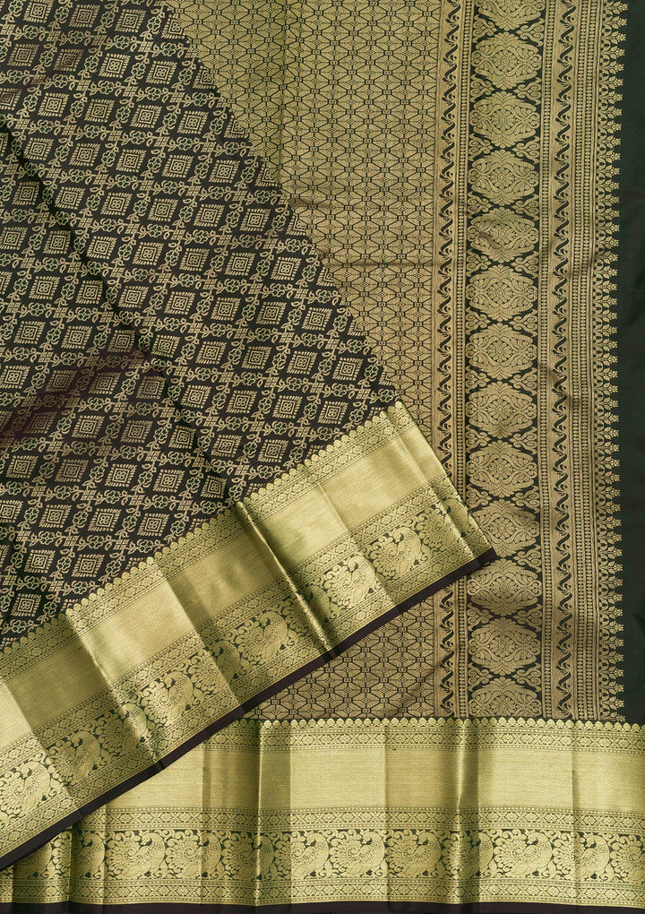 Bottle Green Zariwork Pure Silk Saree-Koskii