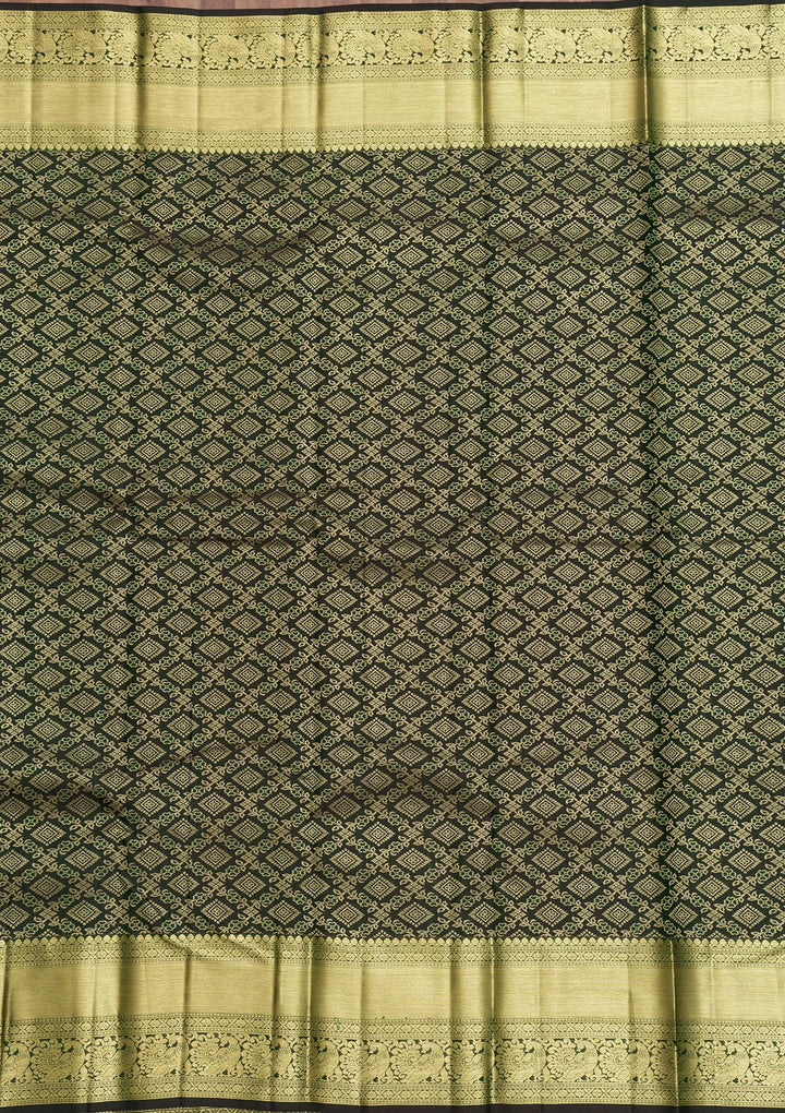 Bottle Green Zariwork Pure Silk Saree-Koskii
