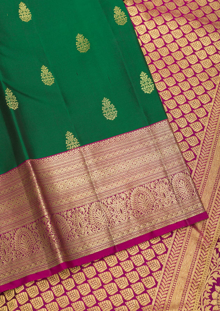 Bottle Green Zariwork Pure Silk Saree-Koskii