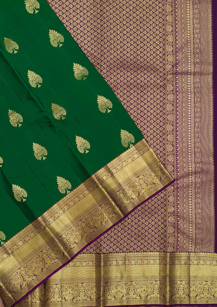 Bottle Green Zariwork Pure Silk Saree-Koskii