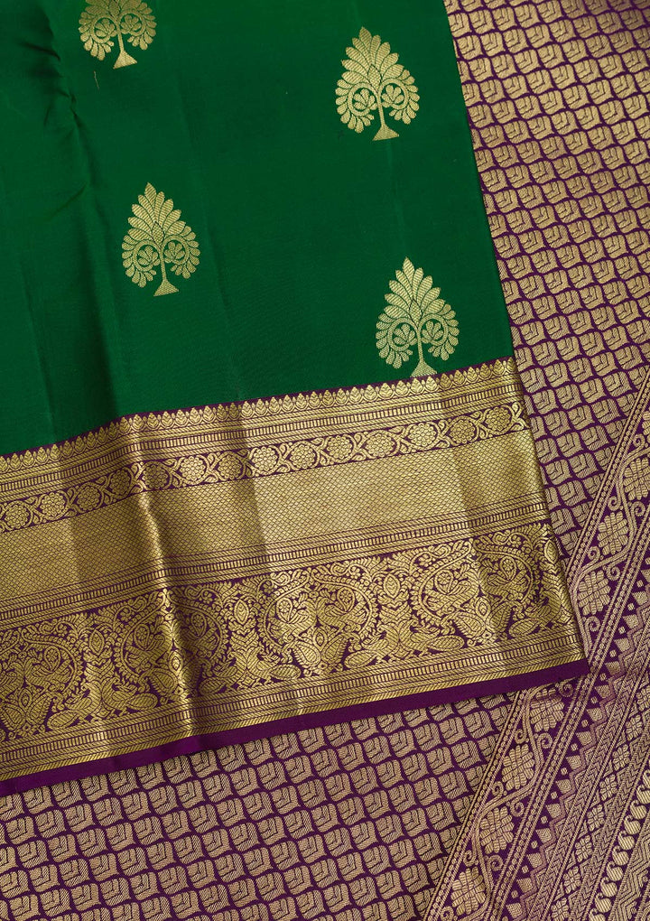 Bottle Green Zariwork Pure Silk Saree-Koskii