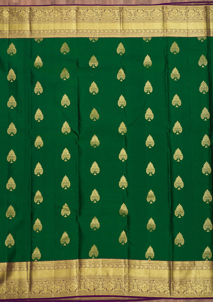 Bottle Green Zariwork Pure Silk Saree-Koskii