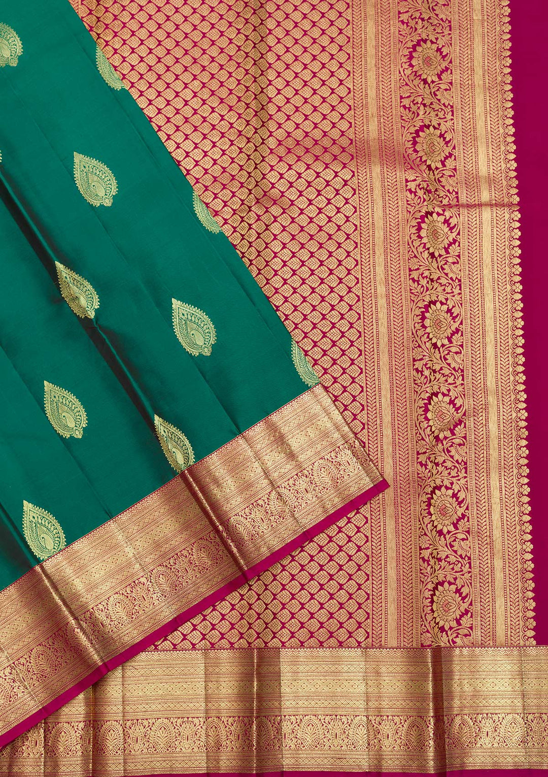 Bottle Green Zariwork Pure Silk Saree-Koskii