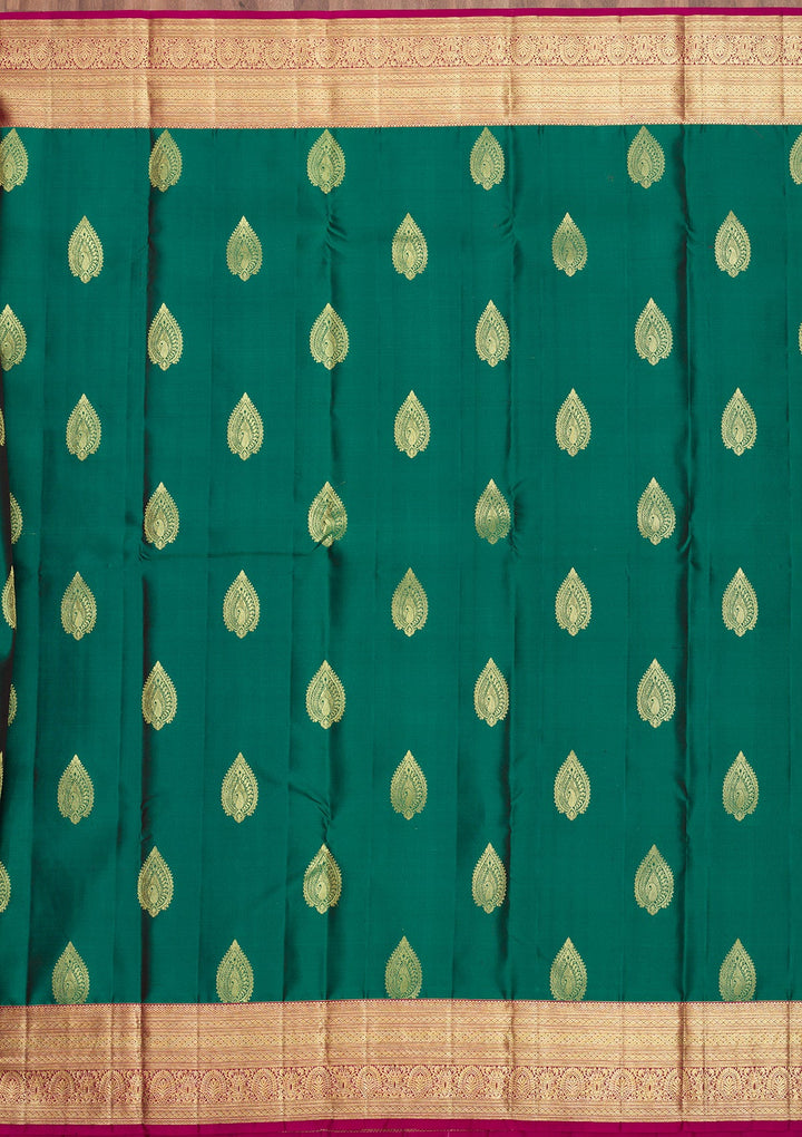 Bottle Green Zariwork Pure Silk Saree-Koskii