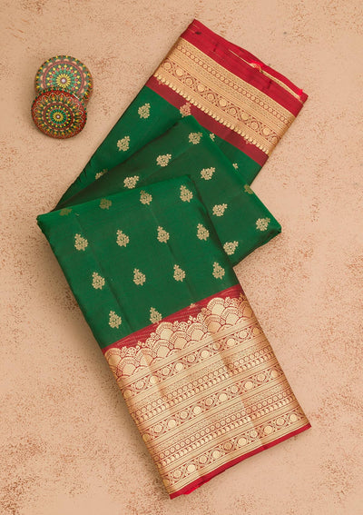 Bottle Green Zariwork Pure Silk Saree-Koskii