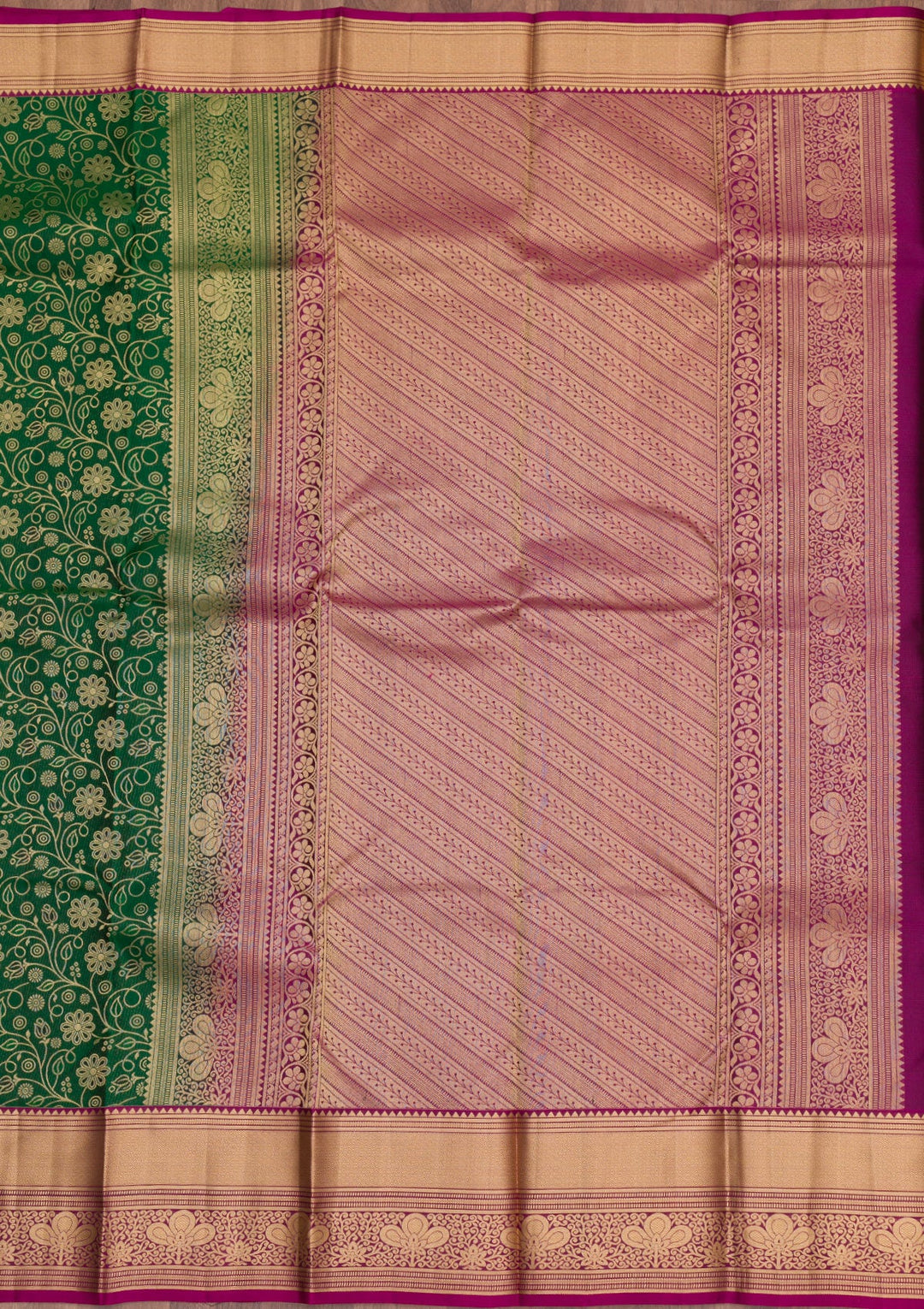 Bottle Green Zariwork Pure Silk Saree-Koskii