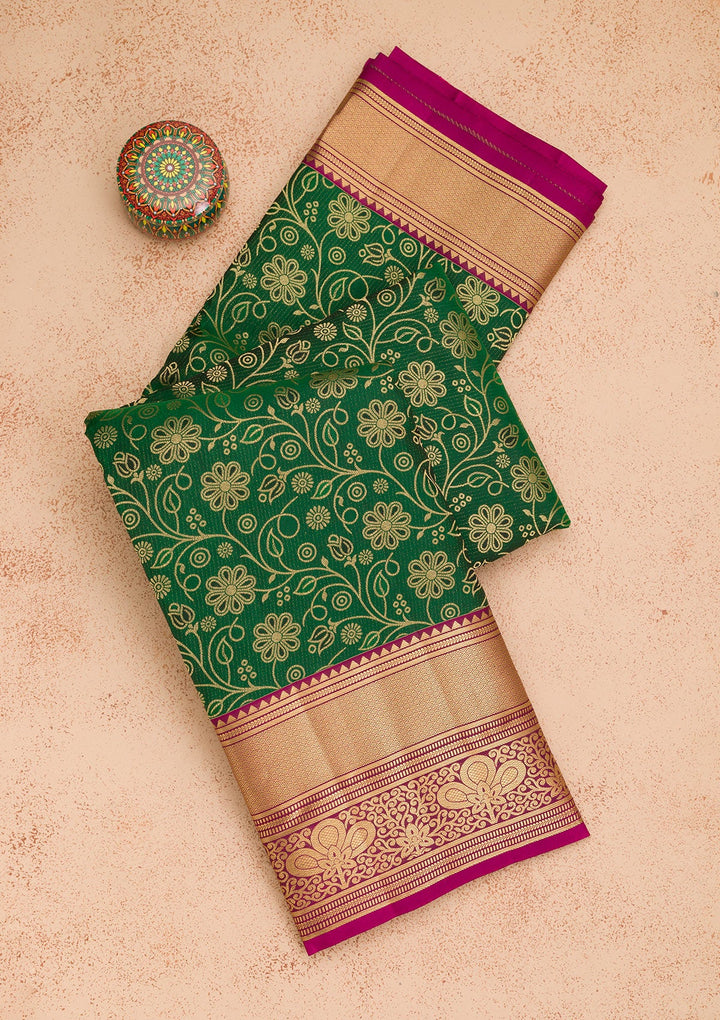 Bottle Green Zariwork Pure Silk Saree-Koskii