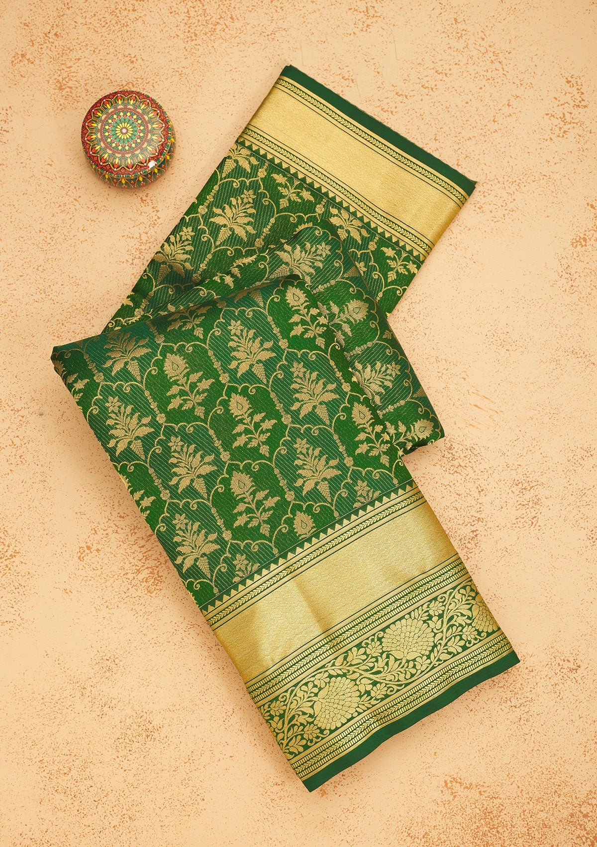 Bottle Green Zariwork Pure Silk Saree-Koskii