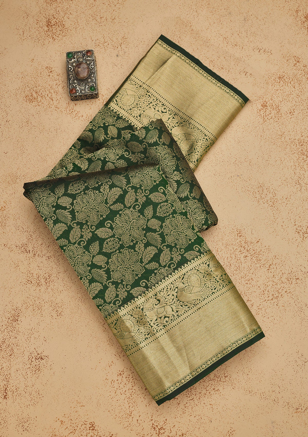 Bottle Green Zariwork Pure Silk Saree-Koskii