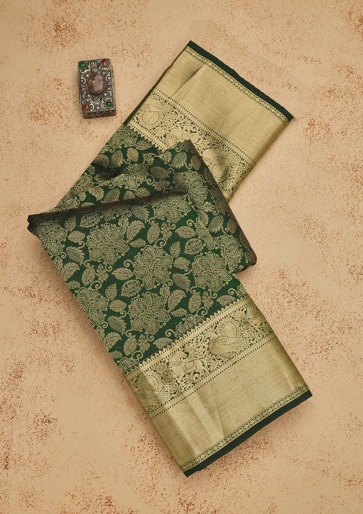 Bottle Green Zariwork Pure Silk Saree-Koskii
