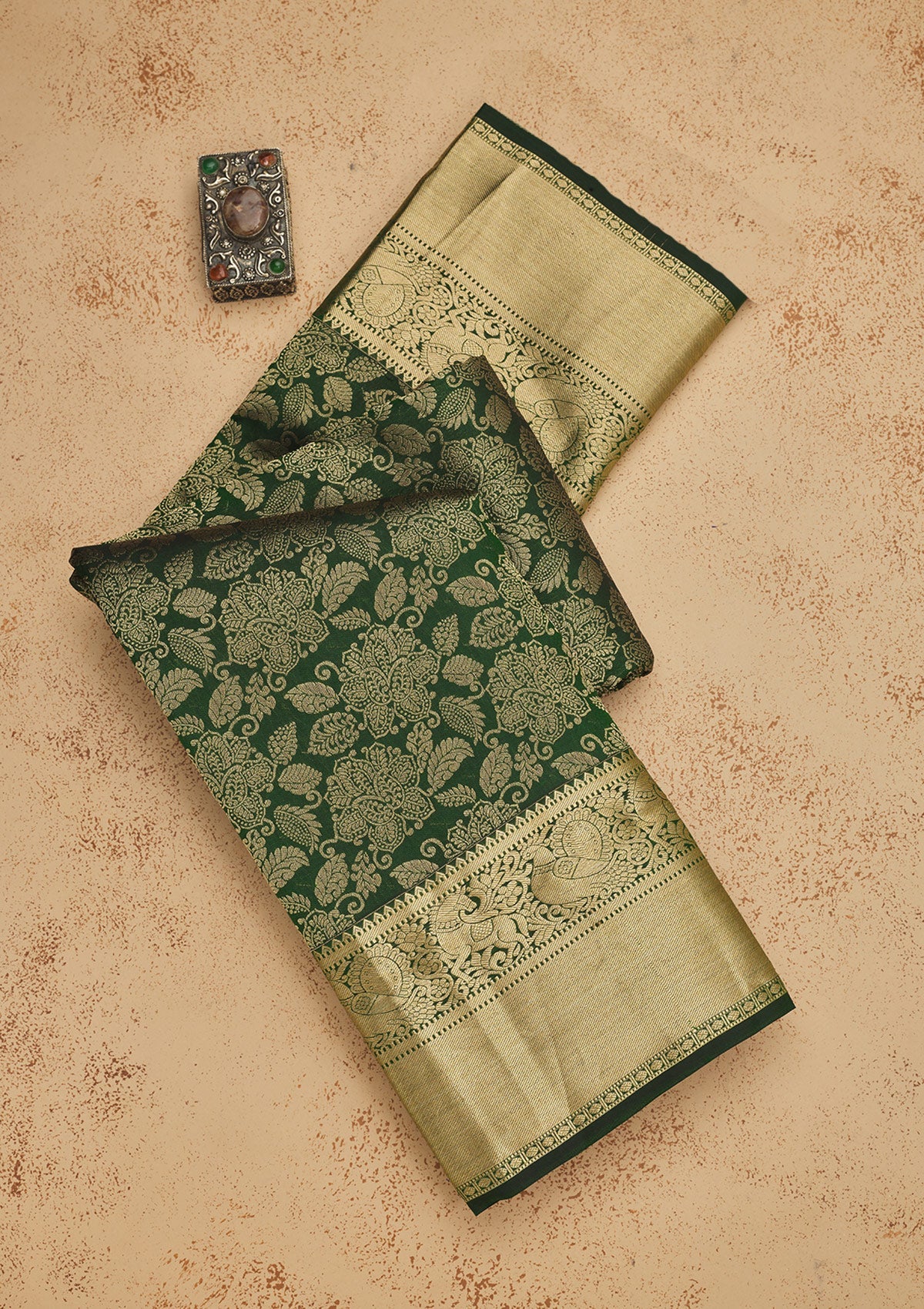 Bottle Green Zariwork Pure Silk Saree-Koskii