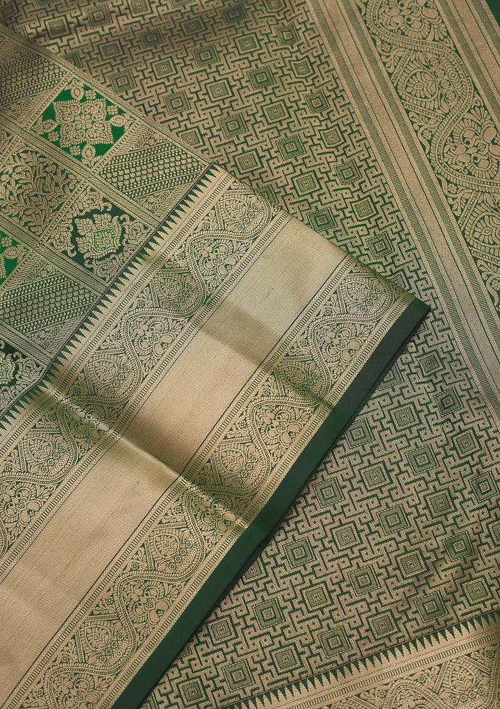Bottle Green Zariwork Pure Silk Saree-Koskii