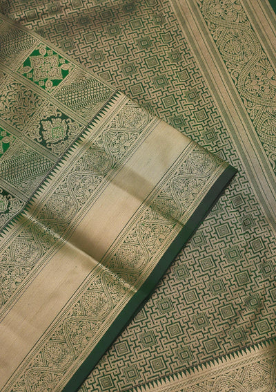 Bottle Green Zariwork Pure Silk Saree-Koskii