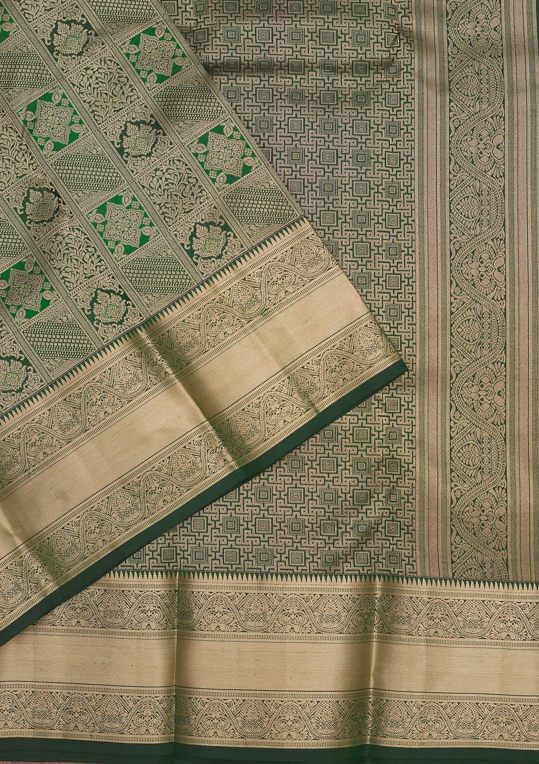 Bottle Green Zariwork Pure Silk Saree-Koskii