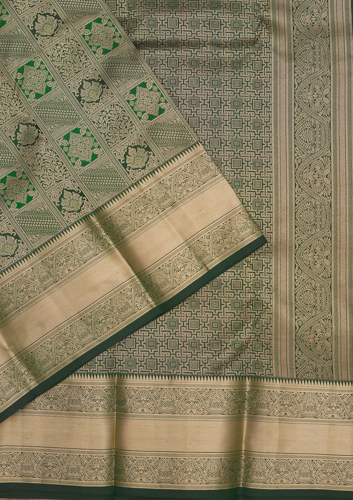 Bottle Green Zariwork Pure Silk Saree-Koskii