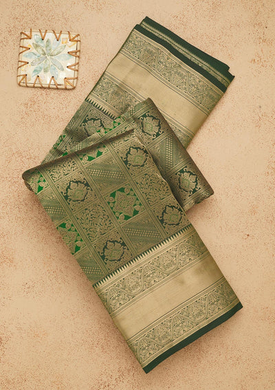 Bottle Green Zariwork Pure Silk Saree-Koskii