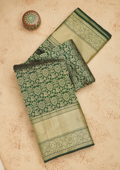 Bottle Green Zariwork Pure Silk Saree-Koskii