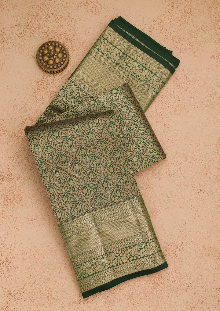 Bottle Green Zariwork Pure Silk Saree-Koskii