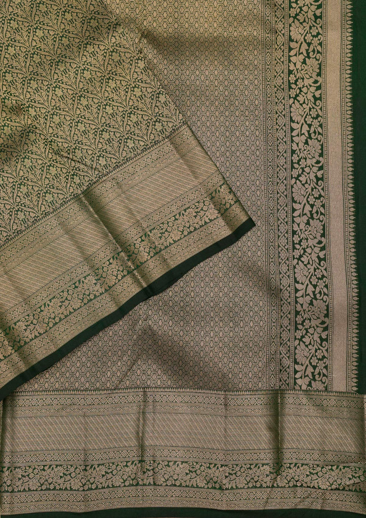 Bottle Green Zariwork Pure Silk Saree-Koskii