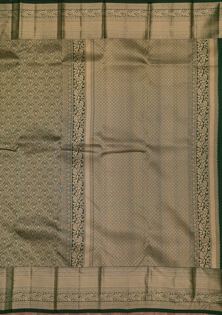 Bottle Green Zariwork Pure Silk Saree-Koskii