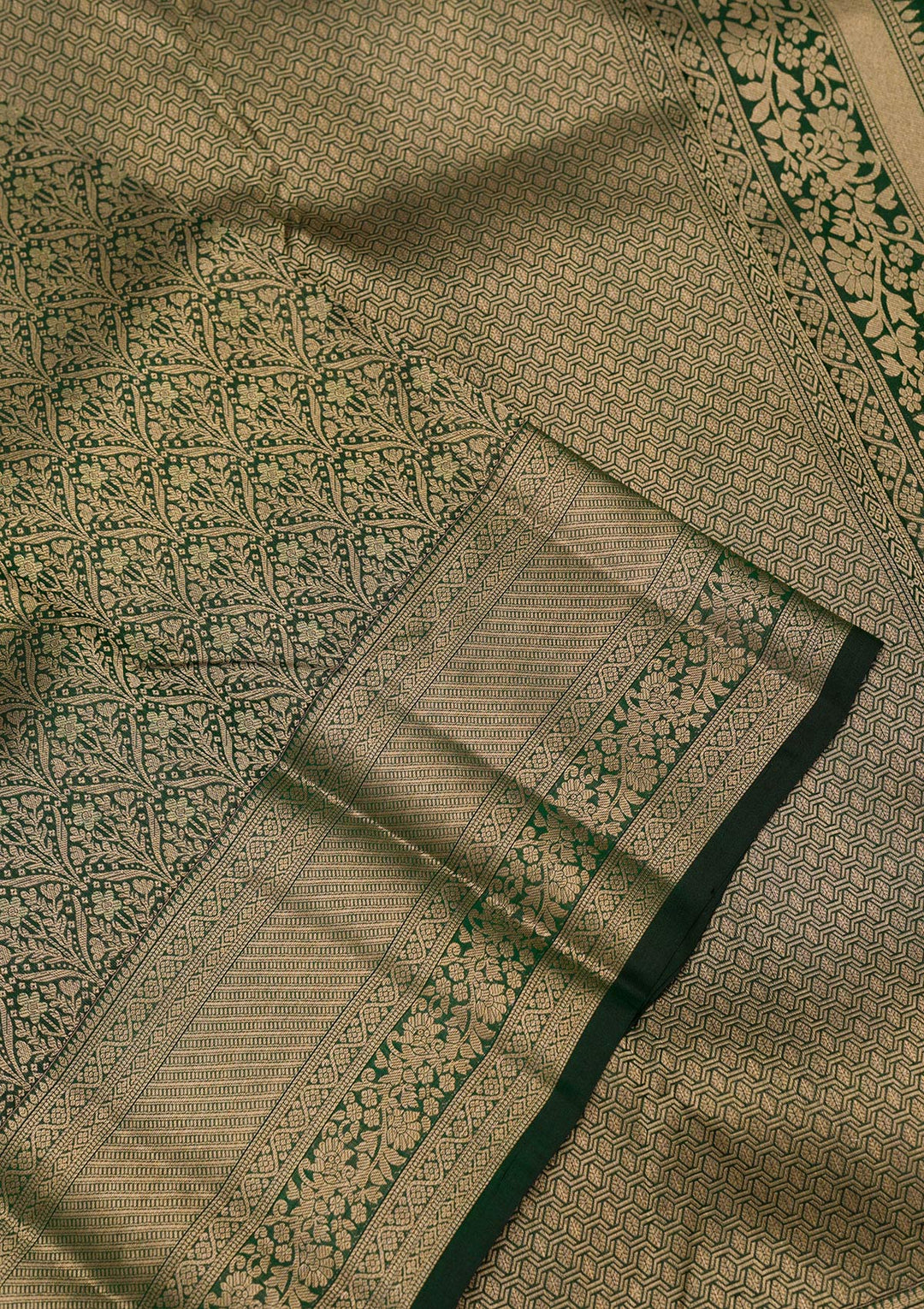 Bottle Green Zariwork Pure Silk Saree-Koskii