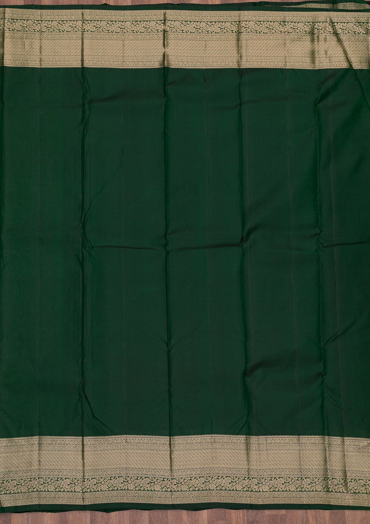 Bottle Green Zariwork Pure Silk Saree-Koskii