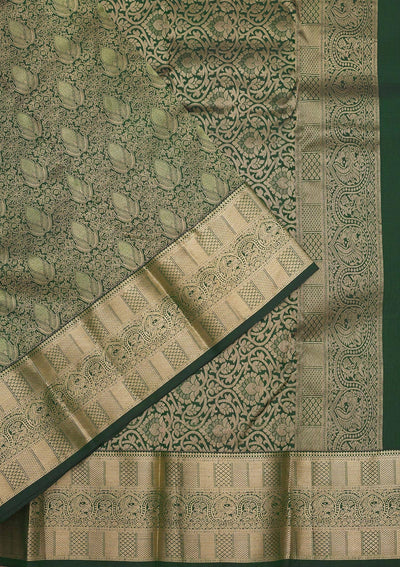 Bottle Green Zariwork Pure Silk Saree-Koskii