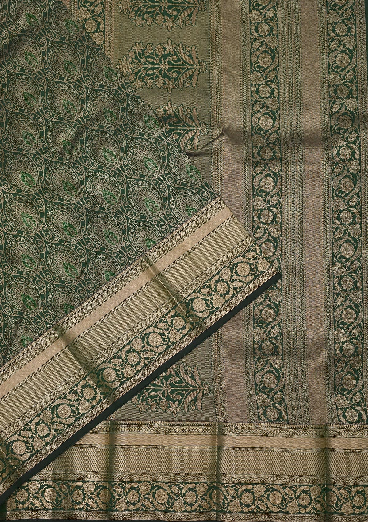 Bottle Green Zariwork Pure Silk Saree-Koskii