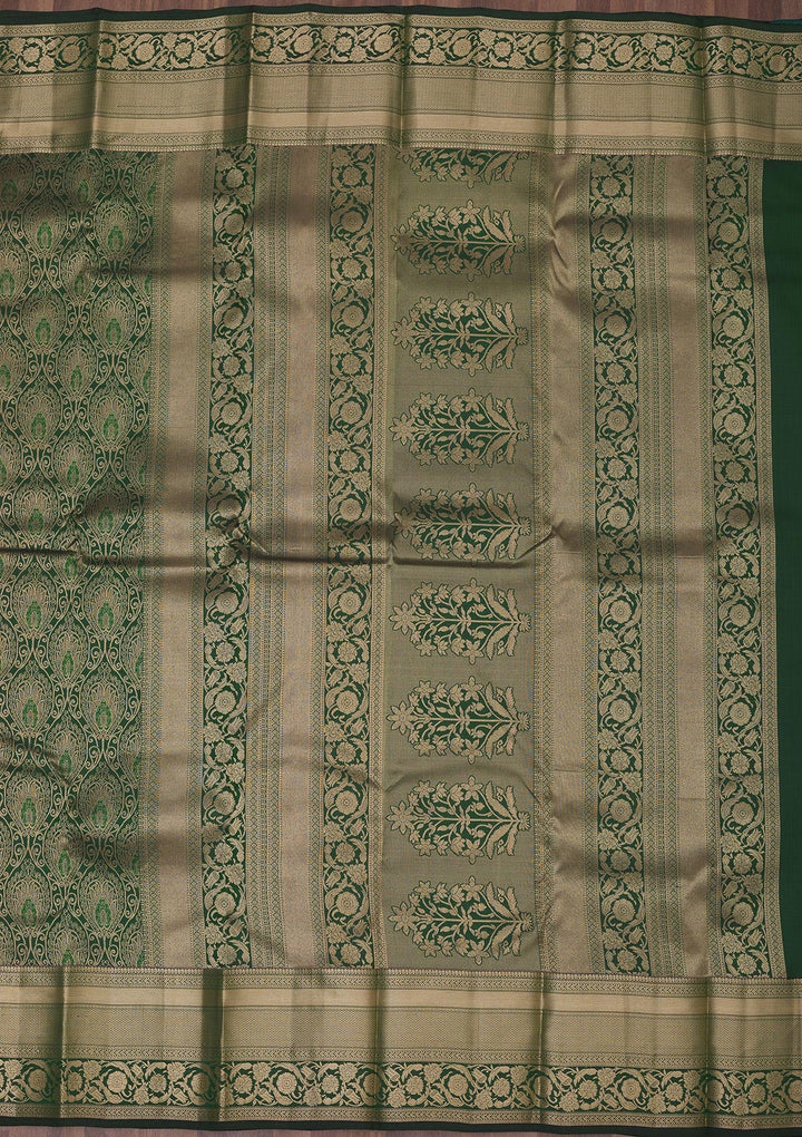 Bottle Green Zariwork Pure Silk Saree-Koskii