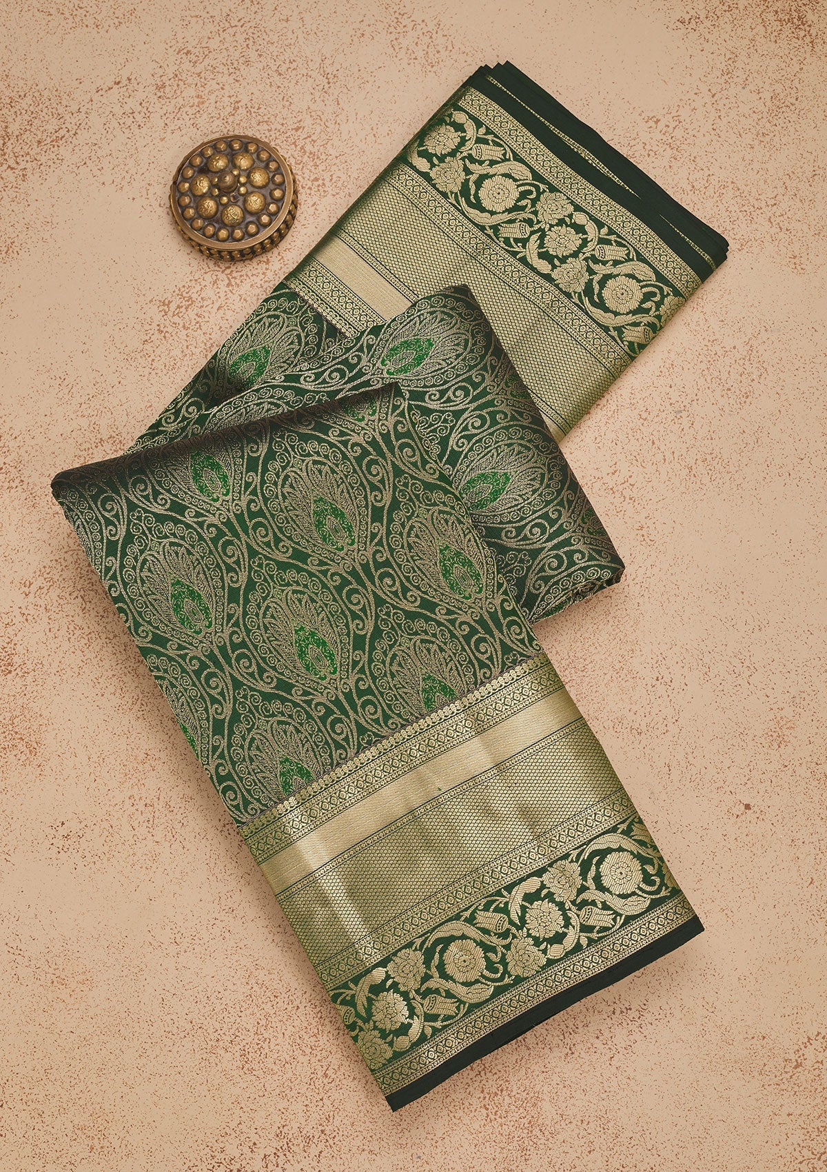 Bottle Green Zariwork Pure Silk Saree-Koskii