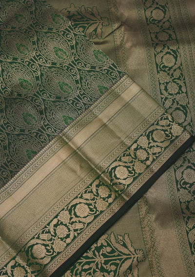 Bottle Green Zariwork Pure Silk Saree-Koskii