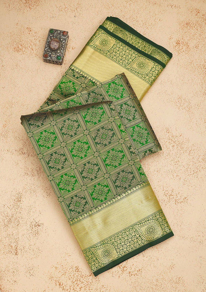 Bottle Green Zariwork Pure Silk Saree-Koskii