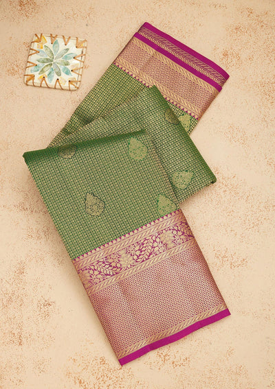 Bottle Green Zariwork Pure Silk Saree-Koskii