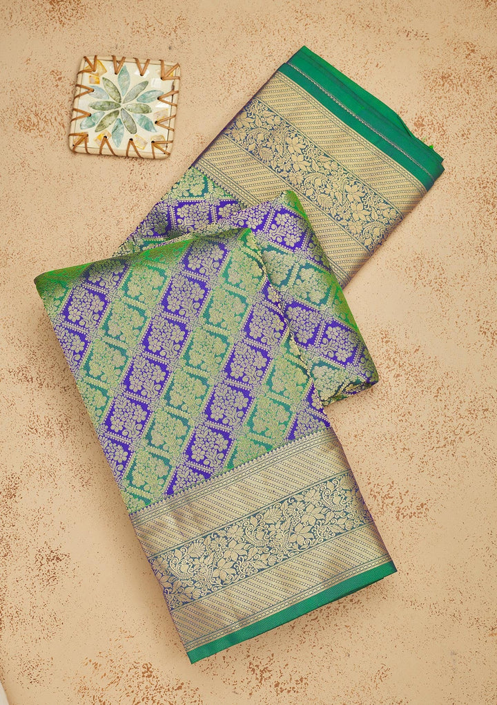 Bottle Green Zariwork Pure Silk Saree-Koskii