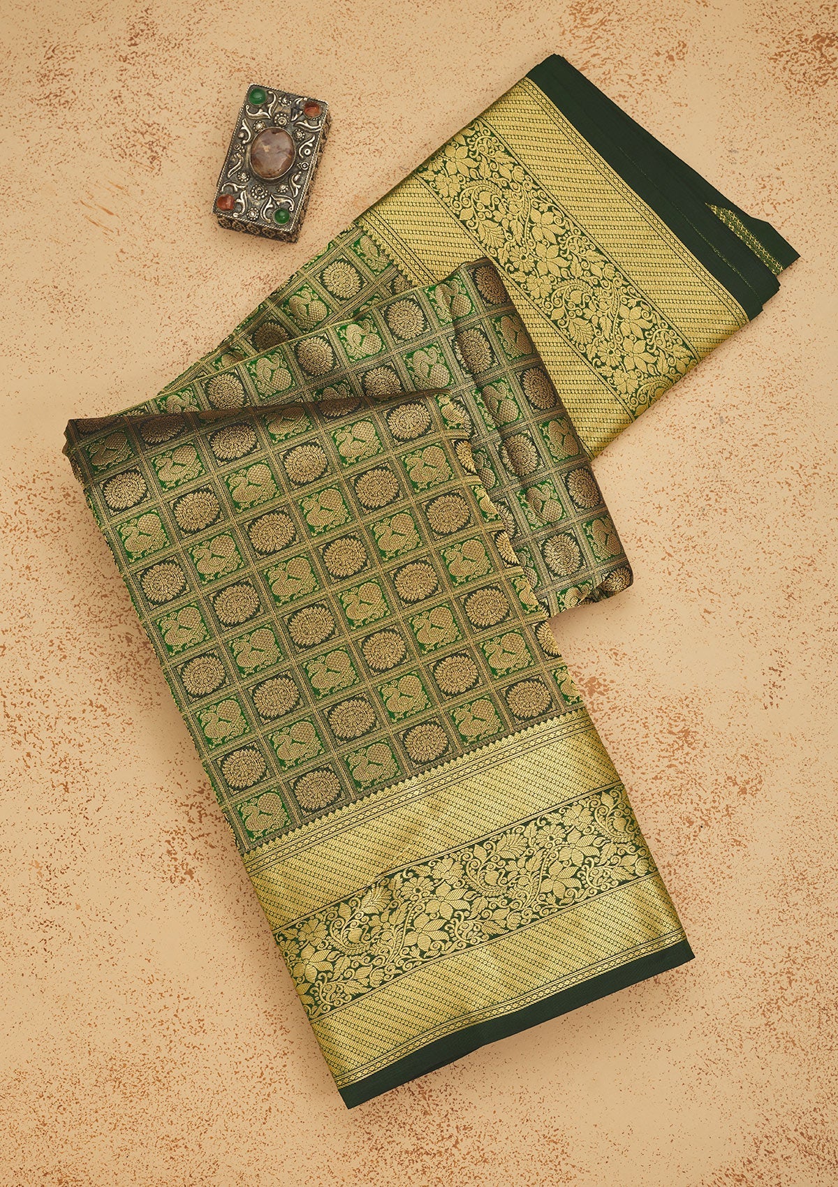 Bottle Green Zariwork Pure Silk Saree-Koskii