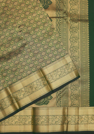 Bottle Green Zariwork Pure Silk Saree-Koskii