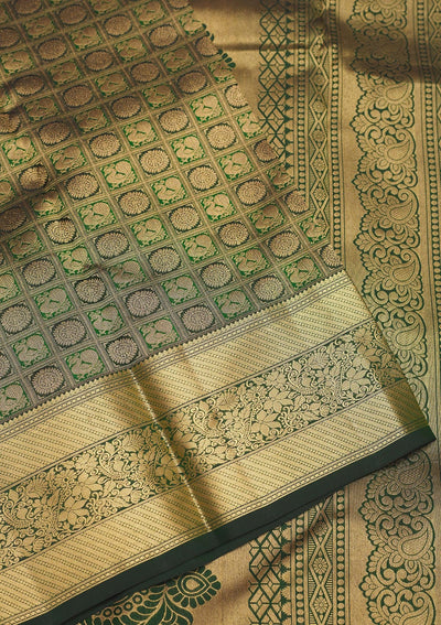 Bottle Green Zariwork Pure Silk Saree-Koskii