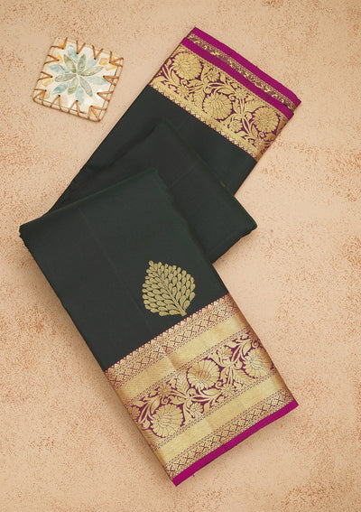 Bottle Green Zariwork Pure Silk Saree-Koskii