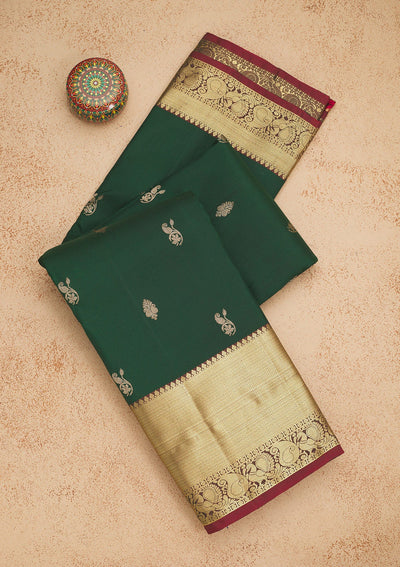 Bottle Green Zariwork Pure Silk Saree-Koskii