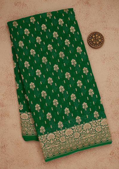 Bottle Green Zariwork Pure Silk Saree-Koskii